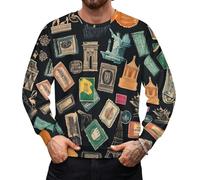asbwuo Suéter de Cuello Redondo para Hombre, Sudadera Ligera Informal de Punto con Pegatinas de Sellos de Viaje Retro