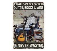Ascigo Decoración de metal para sala de estar, letrero de metal con el tiempo pasado con el libro, la guitarra y el vino, nunca desperdicies, decoración vintage, letrero de metal, decoración del hogar