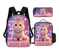 ASD Jewerly Conjunto De 3 Piezas Personalizado Animal Gato Tema Bolsa De Mochila Con Caja De Almuerzo, Nombre Personalizado Lindo Gato Impresión Mochila Casual Portátil Mochila De Día Regalo