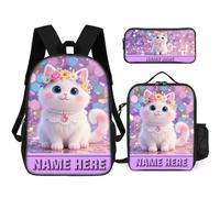 ASD Jewerly Conjunto De 3 Piezas Personalizado Animal Gato Tema Bolsa De Mochila Con Caja De Almuerzo, Nombre Personalizado Lindo Gato Impresión Mochila Casual Portátil Mochila De Día Regalo