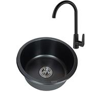 asdchZen Fregadero de cocina. Fregadero redondo de acero inoxidable con montaje de drenaje e instalación de grifo de gran curvatura o montaje inferior, color negro, 30 x 30 x 17 cm