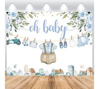 ASDCXZ Baby Shower Telón de Fondo para Chico 2.2x1.5m, Oh bebé Flores Azules Hojas Verdes Dibujos Animados Ropa fotografía de Fondo niño Baby Shower Fiesta Decor Pastel Mesa Banner Estudio Accesorios