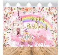 ASDCXZ Castillo de Princesa Telón de Fondo 2,2x1,5m, Castillo Arco Iris Flores Rosas Carro de Calabaza Vinilo Fondo de Fotografía para Fiesta de Cumpleaños de Niña Decoración de Mesa de Pastel