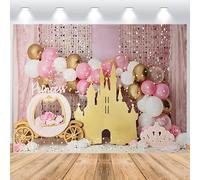 ASDCXZ Castillo de Princesa Telón de Fondo 2,5x1,8m, Castillo Dorado Carro de Calabaza Globo Rosa Vinilo Fondo de Fotografía para Niña Primera Fiesta de Cumpleaños Decoración de Mesa de Pastel