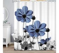 ASDCXZ Cortina de Ducha Azul Floral 180x200 cm, Acuarela Azul Gris Margarita Flores Rústico Granja Impermeable Poliéster Textil Lavable Cortinas de Baño con 12 Ganchos