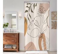 ASDCXZ Cortina de Ducha Beige 120x180 cm, Boho Abstracto Moderno Cara de niña Flor Hojas Verdes Cortinas de Ducha Lavables Tela de Cortina Ducha Impermeable con 8 Ganchos
