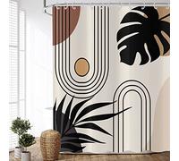 ASDCXZ Cortina de Ducha Boho 180x180 cm, Abstracto Moderno Boho Hojas Negras Línea Solar Beige Marrón Cortinas de Ducha Lavables Textiles Cortina de Ducha de baño Impermeable con 12 Ganchos