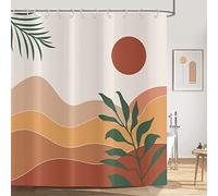 ASDCXZ Cortina de Ducha Boho 180x180 cm, Abstracto Moderno Boho Hojas Verdes Colinas del Sol Beige Marrón Cortinas de Ducha Lavables Textiles Cortinas de Ducha Impermeables con 12 Ganchos