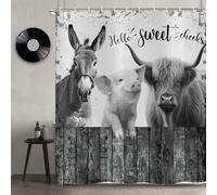 ASDCXZ Cortina de Ducha con Animales de Granja 90x180 cm, Vintage Rústico Campo Gris Escocia Vaca Cerdo Burro Impermeable Poliéster Textil Lavable Cortinas de Baño con 6 Ganchos