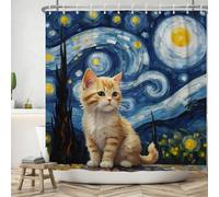 ASDCXZ Cortina de ducha con gato 180x200 cm, arte abstracto moderno azul amarillo óleo bonito gato baño lavable cortinas de ducha de poliéster textil impermeable cortina de ducha para bañera con 12