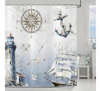 ASDCXZ Cortina de Ducha Costera Náutica 180x200 cm, Faro de Playa del Océano Velero Brújula Ancla Gaviota Impermeable Cortina de Baño Textil Lavable Cortinas Ducha para Bañera con 12 Ganchos