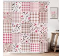 ASDCXZ Cortina de Ducha Cuadros Florales 120x200, Lindo Rosa Flores Impermeable Cortinas Ducha para Baños, Retro Campo Flores Cuadros Patchwork Poliéster Textil Lavable Cortina de Baño con 8 Gancho