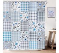 ASDCXZ Cortina de Ducha Cuadros Florales 165x180, Lindo Azul Flores Impermeable Cortinas Ducha para Baños, Retro Campo Flores Cuadros Patchwork Poliéster Textil Lavable Cortina de Baño con 12 Gancho