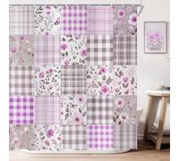ASDCXZ Cortina de Ducha Cuadros Florales 180x200, Lindo Morado Flores Impermeable Cortinas Ducha para Baños, Retro Campo Flores Cuadros Patchwork Poliéster Textil Lavable Cortina de Baño con 12 Gancho