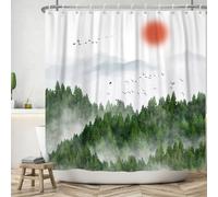 ASDCXZ Cortina de ducha de bosque 180 x 200 cm, verde primavera verde niebla bosque selva pájaros, sol, montañas, baño, lavable, cortina de ducha, cortina de baño, poliéster textil, resistente al