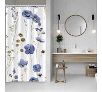 ASDCXZ Cortina de ducha de flores 120 x 180 cm, primavera acuarela azul flores plantas blancas baño lavable estrecho cortinas de ducha poliéster textil impermeable cortina de ducha para bañera con 8