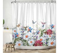 ASDCXZ Cortina de Ducha de Flores 120x200 cm, Primavera Púrpura Flores Coloridas Hojas Verdes Mariposa Pájaro Lavable Cortinas de Ducha Textil Impermeable Cortina de Ducha con 8 Ganchos