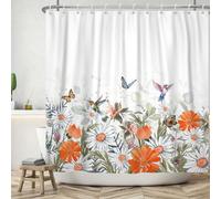 ASDCXZ Cortina de Ducha de Flores 180x180 cm, Primavera Naranja Flores Hojas Verdes Mariposas Pájaros Cortinas de Ducha Lavables Tela de Cortina Ducha de Baño Impermeable con 12 Ganchos