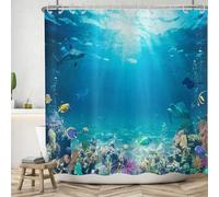ASDCXZ Cortina de Ducha de Fondo Marino 180x200 cm, Azul Mar Profundo Océano Mundo Submarino Tiburón Tortuga Peces Baño Cortinas de Ducha Lavables Textil Impermeable Cortina de Ducha con 12 Ganchos