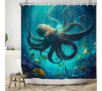 ASDCXZ Cortina de Ducha de Fondo Marino 240x180 cm, Azul Mar Profundo Océano Mundo Submarino Criaturas Marinas Pulpo Peces Lavables Textil de Cortina de Ducha Impermeable para Bañera con 12 Ganchos