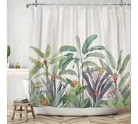 ASDCXZ Cortina de Ducha de Hojas 180x180 cm, Hojas Verde Morado Plantas Tropicales Flores Rosadas Cortinas Ducha Lavables para baño Tela de Cortina de Ducha Impermeable para bañera con 12 Ganchos
