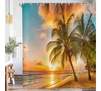 ASDCXZ Cortina de Ducha de Playa Tropical 180x200 cm, Verano Puesta de Sol Palmera Océano Costero Paisaje Natural Impermeable Cortina de Baño Textil Lavable Cortinas Ducha para Bañera con 12 Ganchos