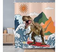 ASDCXZ Cortina de Ducha Divertida de Dinosaurio 180x200 cm, Japonés Océano Ola Gracioso Monstruo Dinosaurio Surf Impermeable Poliéster Textil Lavable Cortinas de Baño con 12 Ganchos