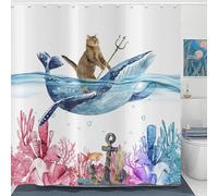 ASDCXZ Cortina de Ducha Divertida de Gato 180x200 cm, Genial Gatito Montando Ballena Bajo el Mar Verano Marítimo Impermeable Cortina de Baño Textil Lavable Cortinas Ducha para Bañera con 12 Ganchos