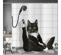 ASDCXZ Cortina de Ducha Divertida de Gato 180x200 cm, Lindo Dibujos Animados Negro Gatito Niños Baño Divertido Impermeable Cortina de Baño Textil Lavable Cortinas Ducha para Bañera con 12 Ganchos