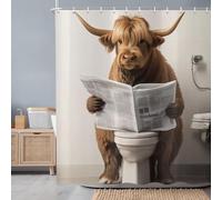 ASDCXZ Cortina de Ducha Divertida de Vaca 180x200 cm, Rústico Highland Vaca Leyendo Periódico Vintage Granja Animal Impermeable Poliéster Textil Lavable Cortinas de Baño con 12 Ganchos