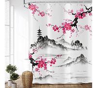 ASDCXZ Cortina de Ducha Flor de Ciruelo 120x200 cm, Pintura China Asiática Flor de Ciruelo Pico Templo Cortinas de Ducha Lavables Tela de Cortina Ducha Impermeable con 12 Ganchos