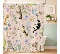 ASDCXZ Cortina de Ducha Gato 180x220 cm, Boho Acuarela Flores Planta Impermeable Cortinas Ducha para Baños, Divertido Gato Animal Flor Rosa Poliéster Textil Lavable Cortina de Baño con 12 Gancho