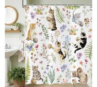 ASDCXZ Cortina de Ducha Gato 180x240 cm, Boho Acuarela Flores Planta Impermeable Cortinas Ducha para Baños, Divertido Gato Animal Flor Blanco Poliéster Textil Lavable Cortina de Baño con 12 Gancho