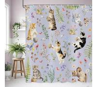 ASDCXZ Cortina de Ducha Gato 200x180 cm, Boho Acuarela Flores Planta Impermeable Cortinas Ducha para Baños, Divertido Gato Animal Flor Azul Poliéster Textil Lavable Cortina de Baño con 14 Gancho