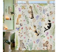 ASDCXZ Cortina de Ducha Gato 240x180 cm, Boho Acuarela Flores Planta Impermeable Cortinas Ducha para Baños, Divertido Gato Animal Flor Verde Poliéster Textil Lavable Cortina de Baño con 16 Gancho