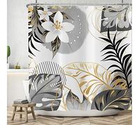 ASDCXZ Cortina de Ducha Hojas Doradas Negras 180x180 cm, Flores Abstractas Hojas Tropicales Cortinas de Ducha Lavables Tela de Impermeable Cortina de Ducha con 12 Ganchos