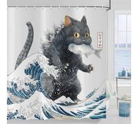 ASDCXZ Cortina de Ducha Japonés de Gato 90x180 cm, Japón Anime Divertida Gato Negro Atrapando Peces Ola Niños Impermeable Cortina de Baño Textil Lavable Cortinas Ducha para Bañera con 6 Ganchos