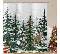 ASDCXZ Cortina de Ducha navideña 180x200 cm, Escena de Nieve Natural Árbol de Navidad Verde Alce Salvaje Ciervo Lavable baño Poliéster Textil Cortinas de Ducha Impermeables para bañera con 12 Ganchos
