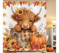 ASDCXZ Cortina de Ducha Otoño 240x180 cm, Rústico Carne Las Tierras Altas Calabaza Hoja de Arce Acción de Gracias Impermeable Cortina de Baño Textil Lavable Cortinas Ducha para Bañera con 16 Ganchos