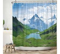 ASDCXZ Cortina de Ducha Paisaje 180x200 cm, Paisaje Natural Calma el Lago y la Montaña Verde Baño Cortinas de Ducha Lavables Tejido de Cortina Ducha Impermeable con 12 Ganchos