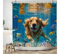 ASDCXZ Cortina de ducha Perro 180x200 cm, Divertido Perro Feliz Nadando Mundo Subacuático Colorido Océano Pez Lavable Tela de Baño Cortinas de Ducha Poliéster Textil Impermeable Cortina de Ducha para