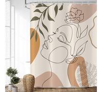 ASDCXZ Cortinas de Ducha Boho Beige 180x180 cm, Abstracto Moderno Chica con Cara Flor Hojas Verdes Cortinas de Ducha Lavables Textil Impermeable Cortina de Ducha con 12 Ganchos
