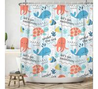 ASDCXZ Cortinas De Ducha Infantiles 180x180 cm, Mundo Submarino De Dibujos Animados Tortuga Peces Medusas Niño Azul Cortinas De Ducha Lavables Tela De Cortinas De Ducha Impermeables con 12 Ganchos