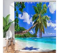 ASDCXZ Cortinas de Ducha Palmeras Playa 180x200 cm, Mar Cielo Azul Plantas Tropicales Tela de Lavable Impermeables con 12 Ganchos