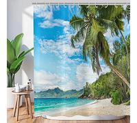 ASDCXZ Cortinas de Ducha Palmeras Playa 180x200 cm, Mar Playa de Arena Cielo Azul Plantas Tropicales Cortinas de Ducha Lavables Textil Impermeable Cortina de Ducha con 12 Ganchos