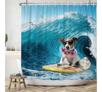 ASDCXZ Divertida Cortina de Ducha 180x180 cm, Divertido Perro Océano Monopatín Surf Gaviota Baño Cortinas de Ducha Lavables Textil Impermeable Cortina de Ducha con 12 Ganchos
