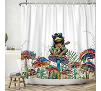 ASDCXZ Divertida Cortina de Ducha 180x200 cm, Divertida Rana Punk Tocando la Guitarra Coloridas Flores de Setas Hojas Cortinas de Ducha Lavables Textil Cortina de Ducha Impermeable con 12 Ganchos