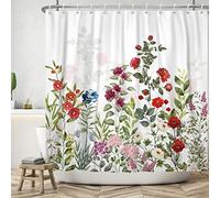 ASDCXZ Flores Cortina de Ducha 120x200 cm, Primavera Rojo Rosa Coloridas Hojas Verdes Florales Cortinas de Ducha Lavables Textil Impermeable Cortina de Ducha con 8 Ganchos