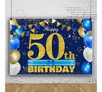 ASDCXZ Fondo de 50 cumpleaños Azul Dorado 2.2x1.5 m, Fondo de Pared de Foto de Pancarta Decorativa de 50 cumpleaños, Fondo de Caja de Fotos de Vinilo para sesión de Fotos de Mujeres de 50 cumpleaños