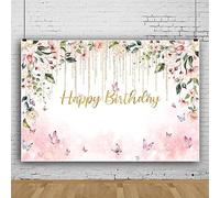ASDCXZ Fondo de Foto de Cumpleaños 2.5x1.8 m, Vinilo Rosa Flor Mariposa Felicitaciones por Cumpleaños Foto Fondo de Pared para Niños Niñas Mujeres Fiesta de Cumpleaños